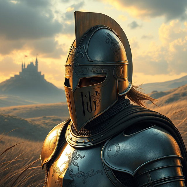 A stunningly detailed depiction of a knight wearing a celata helm, which is known for its distinctive conical shape and visor
