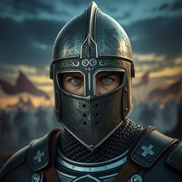 A striking medieval warrior donning a celata helm featuring a narrow visor that emphasizes their fierce gaze