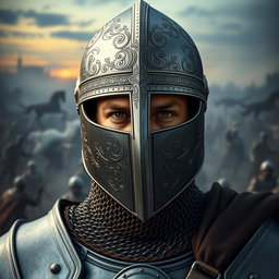 A striking medieval warrior donning a celata helm featuring a narrow visor that emphasizes their fierce gaze