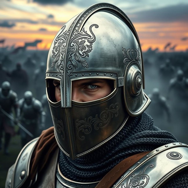 A striking medieval warrior donning a celata helm featuring a narrow visor that emphasizes their fierce gaze