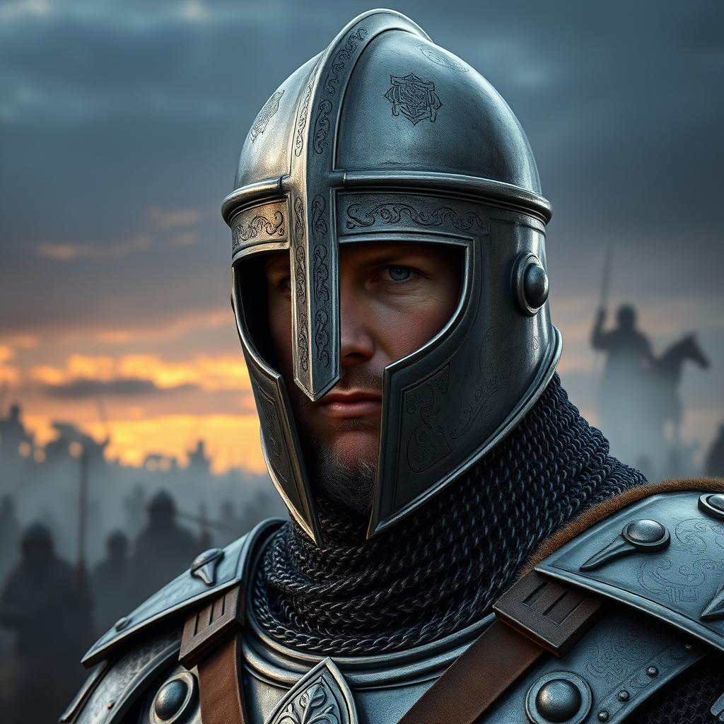 A striking medieval warrior donning a celata helm featuring a narrow visor that emphasizes their fierce gaze
