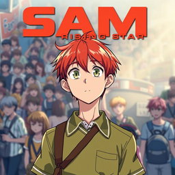 An eye-catching movie poster featuring an 18-year-old boy named Sam, with short, vibrant red hair and striking light green eyes that pop with charisma