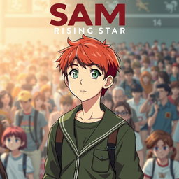 An eye-catching movie poster featuring an 18-year-old boy named Sam, with short, vibrant red hair and striking light green eyes that pop with charisma
