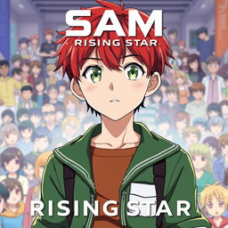 An eye-catching movie poster featuring an 18-year-old boy named Sam, with short, vibrant red hair and striking light green eyes that pop with charisma