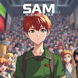 An eye-catching movie poster featuring an 18-year-old boy named Sam, with short, vibrant red hair and striking light green eyes that pop with charisma