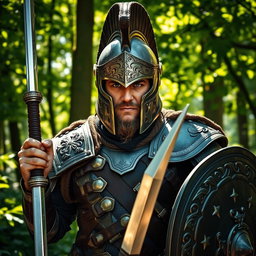 A formidable warrior adorned in a celata helmet featuring a narrow visor that accentuates his fierce gaze