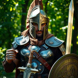 A formidable warrior adorned in a celata helmet featuring a narrow visor that accentuates his fierce gaze