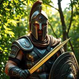 A formidable warrior adorned in a celata helmet featuring a narrow visor that accentuates his fierce gaze