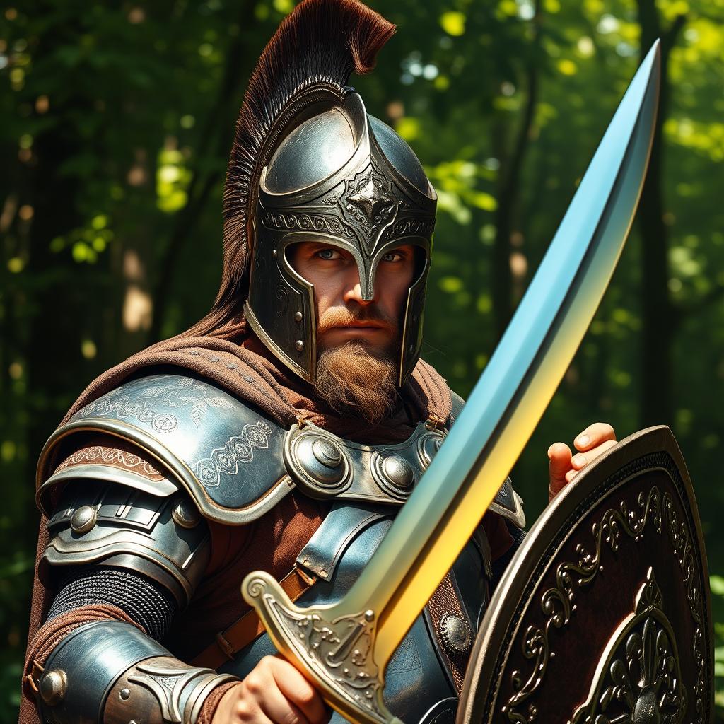 A formidable warrior adorned in a celata helmet featuring a narrow visor that accentuates his fierce gaze
