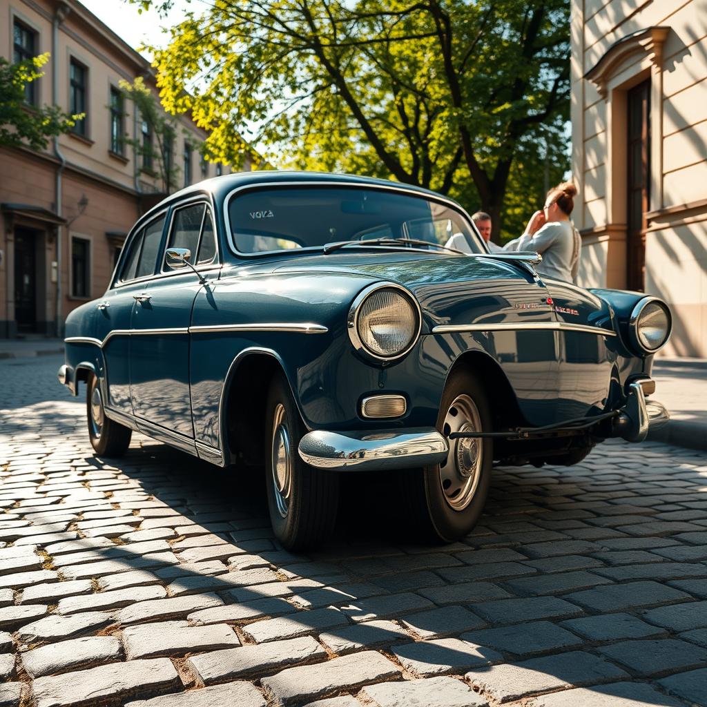 A classic Soviet-era Volga GAZ24 car parked on a cobblestone street, showcasing its timeless design and sturdy build