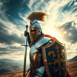 An awe-inspiring brave knight donned in a stunning celata helm, showcasing a sleek design with an elegant plume atop the helmet