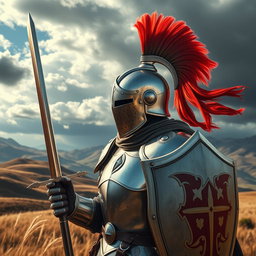 An awe-inspiring brave knight donned in a stunning celata helm, showcasing a sleek design with an elegant plume atop the helmet