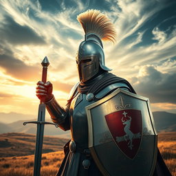 An awe-inspiring brave knight donned in a stunning celata helm, showcasing a sleek design with an elegant plume atop the helmet