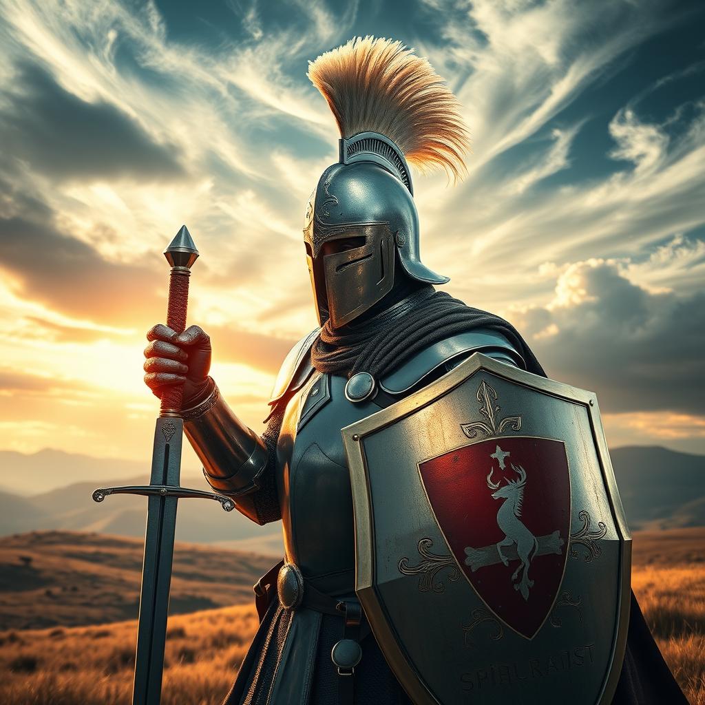 An awe-inspiring brave knight donned in a stunning celata helm, showcasing a sleek design with an elegant plume atop the helmet