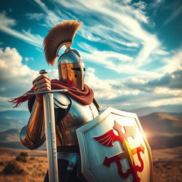 An awe-inspiring brave knight donned in a stunning celata helm, showcasing a sleek design with an elegant plume atop the helmet