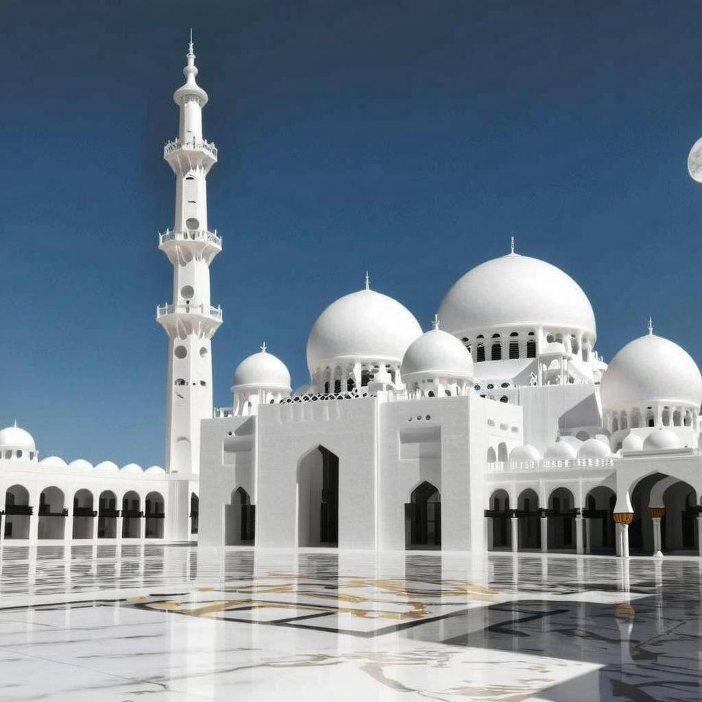 A grand white mosque with multiple large domes and a tall minaret under a clear blue sky