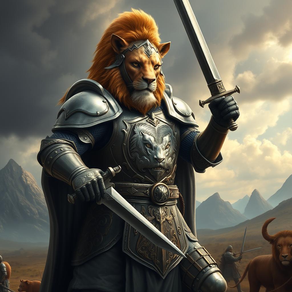 An impressive lion knight, clad in ornate armor that features a fierce lion design embossed on the chest plate and shoulders
