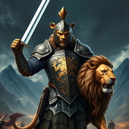 An impressive lion knight, clad in ornate armor that features a fierce lion design embossed on the chest plate and shoulders