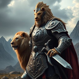 An impressive lion knight, clad in ornate armor that features a fierce lion design embossed on the chest plate and shoulders