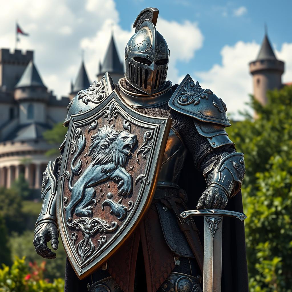 A powerful knight in full armor, showcasing intricate designs that reflect craftsmanship and valor