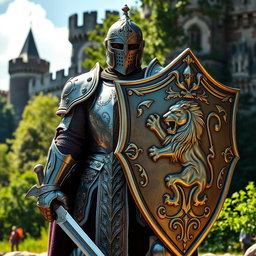 A powerful knight in full armor, showcasing intricate designs that reflect craftsmanship and valor