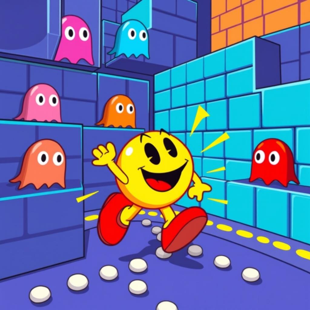 A colorful and vibrant illustration of a classic arcade-style Pac-Man character, depicted in a retro video game setting