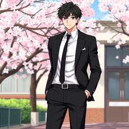 A stylish Japanese anime school uniform for men, featuring a sleek black color scheme