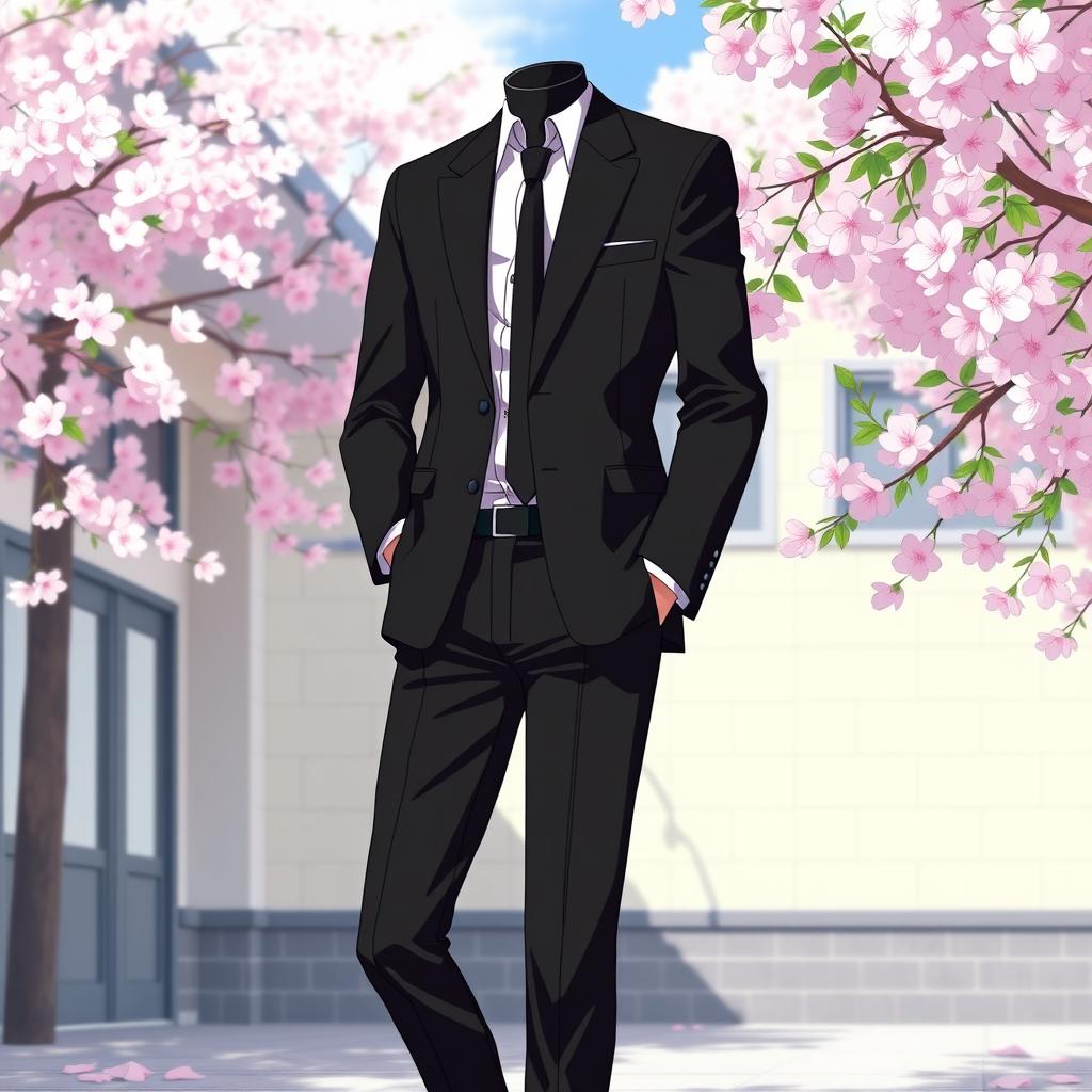 A stylish Japanese anime school uniform for men, featuring a sleek black color scheme