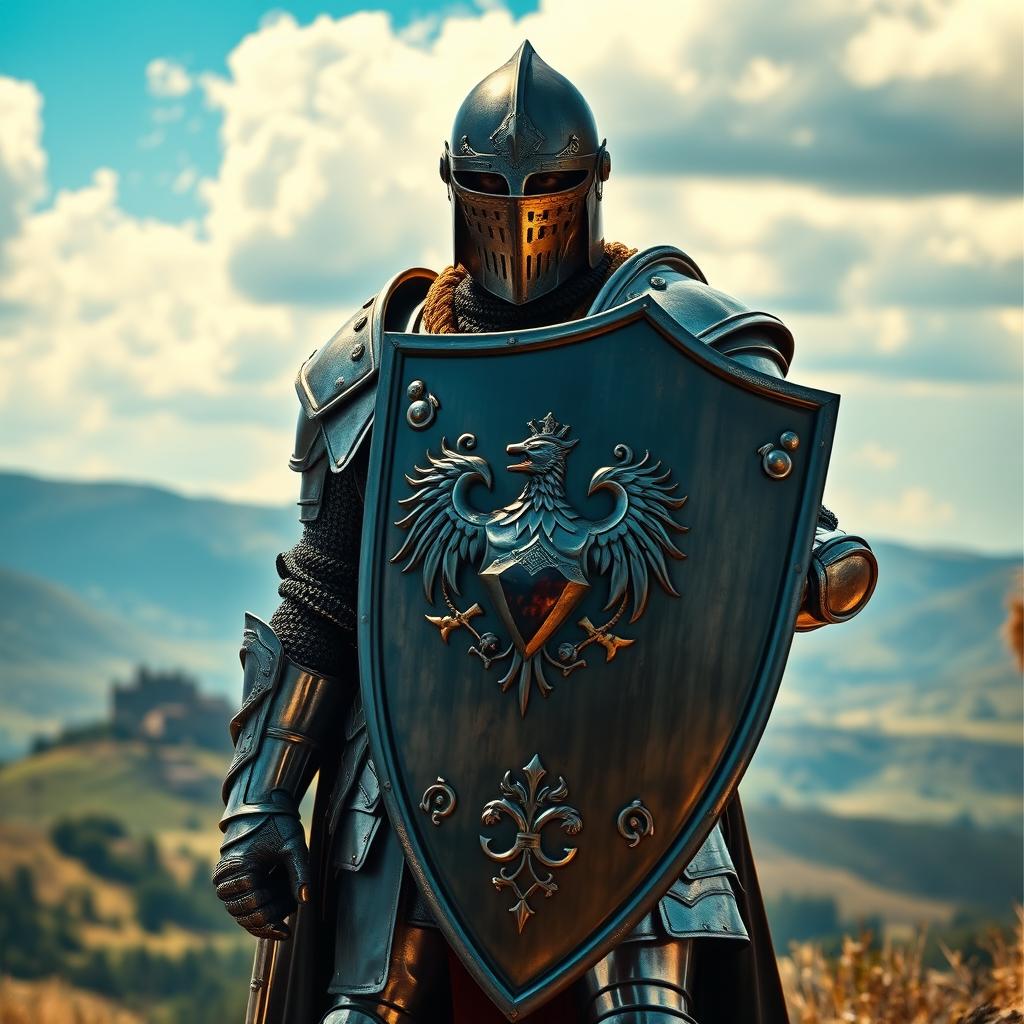 A striking portrayal of a knight in full armor, complete with a large shield emblazoned with a fierce emblem