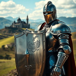A striking portrayal of a knight in full armor, complete with a large shield emblazoned with a fierce emblem