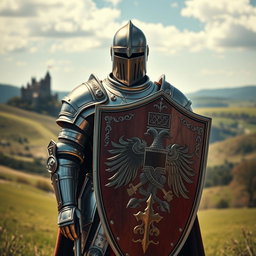 A striking portrayal of a knight in full armor, complete with a large shield emblazoned with a fierce emblem
