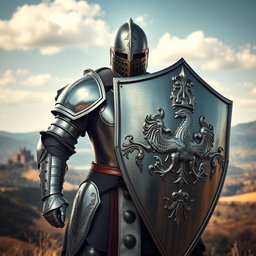 A striking portrayal of a knight in full armor, complete with a large shield emblazoned with a fierce emblem
