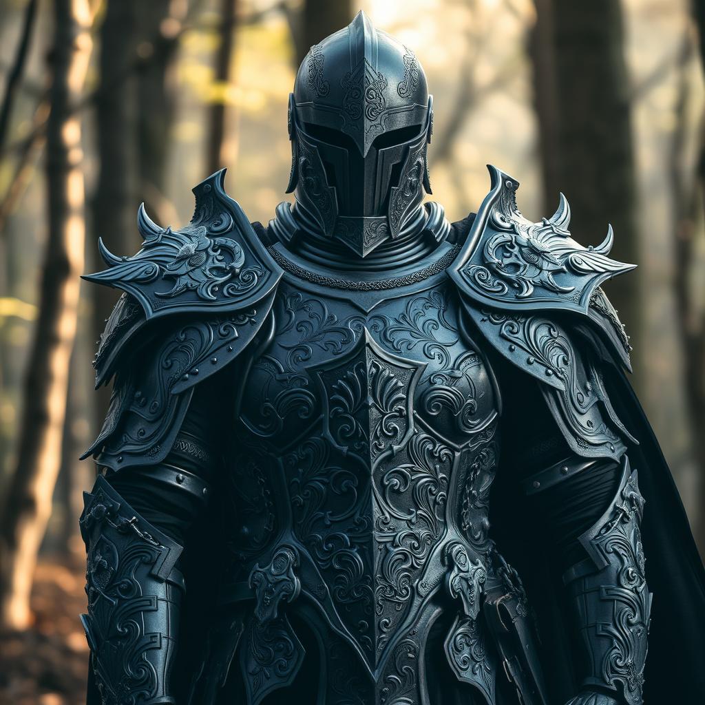 An intricately designed Grey Warden full armor, featuring a dark metallic texture with ornate engravings and filigree patterns