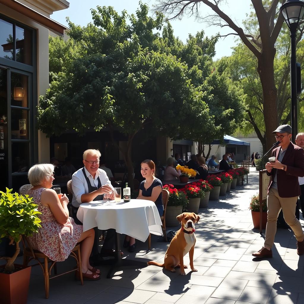 An inviting scene of a cozy café on a sunny afternoon, with people sitting at outdoor tables enjoying their drinks