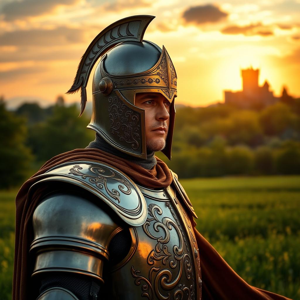 A medieval knight donned in a celata helmet, showcasing intricate details and engravings on the armor