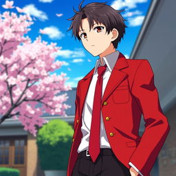 A stylish Japanese school uniform for boys, featuring a vibrant red jacket with a crisp white shirt underneath