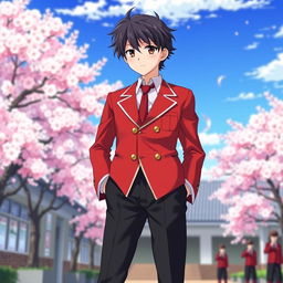 A stylish Japanese school uniform for boys, featuring a vibrant red jacket with a crisp white shirt underneath