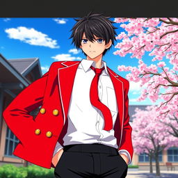 A stylish Japanese school uniform for boys, featuring a vibrant red jacket with a crisp white shirt underneath