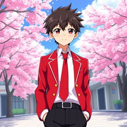 A stylish Japanese school uniform for boys, featuring a vibrant red jacket with a crisp white shirt underneath