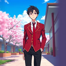 A trendy Japanese school uniform for boys, prominently featuring a deep red blazer with a sharp white collared shirt underneath