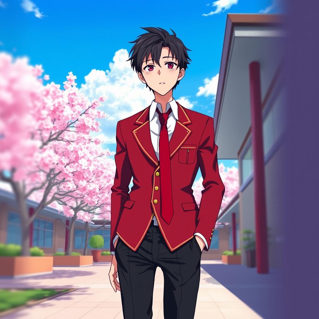 A trendy Japanese school uniform for boys, prominently featuring a deep red blazer with a sharp white collared shirt underneath
