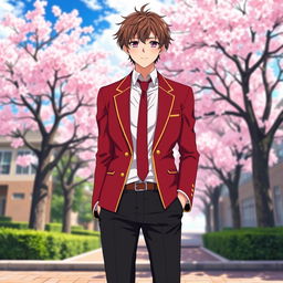 A trendy Japanese school uniform for boys, prominently featuring a deep red blazer with a sharp white collared shirt underneath