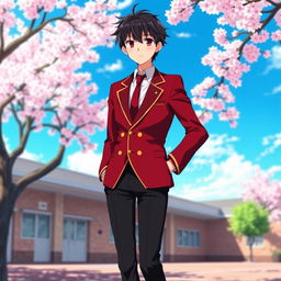 A trendy Japanese school uniform for boys, prominently featuring a deep red blazer with a sharp white collared shirt underneath