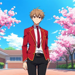 A trendy Japanese school uniform for boys, prominently featuring a deep red blazer with a sharp white collared shirt underneath