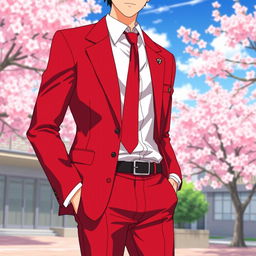 A stylish Japanese anime school uniform for men, featuring a vibrant red color scheme