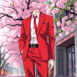 A stylish Japanese anime school uniform for men, featuring a vibrant red color scheme