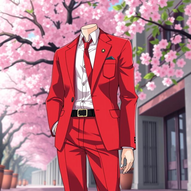A stylish Japanese anime school uniform for men, featuring a vibrant red color scheme