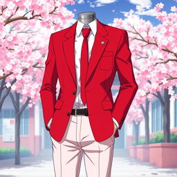 A stylish Japanese anime school uniform for men, featuring a vibrant red color scheme