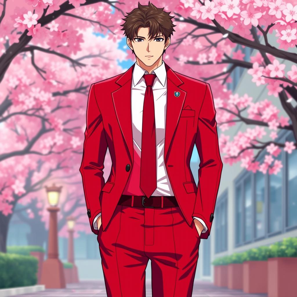 A stylish Japanese anime school uniform for men, featuring a vibrant red color scheme