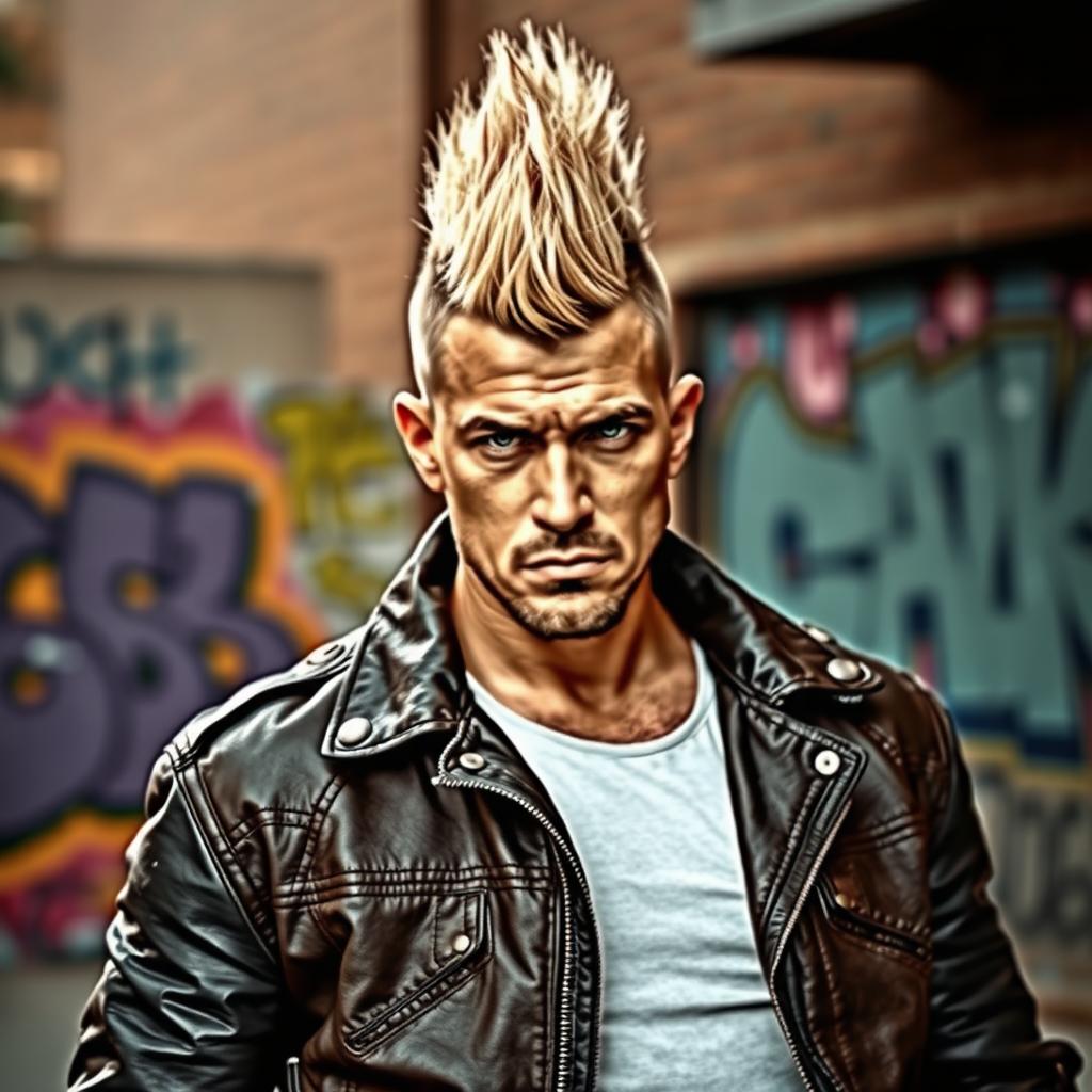 A bold and fierce-looking man with a striking mohawk hairstyle, standing confidently in an urban environment
